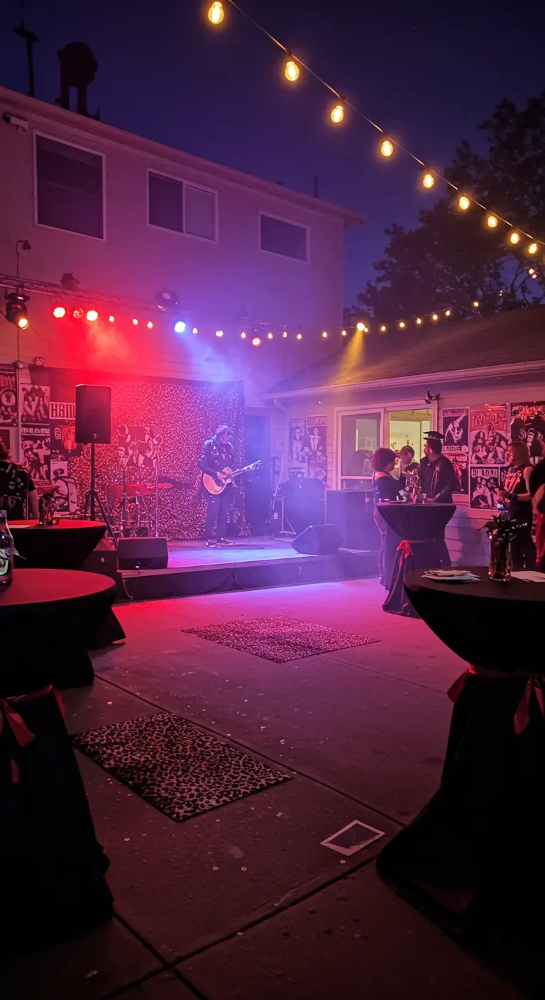 Concert en extérieur la nuit avec des spots rouges et violets.