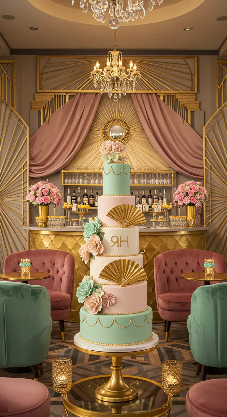 Décor de fête Art Déco avec un gâteau à étages, des fauteuils en velours et des dorures.
