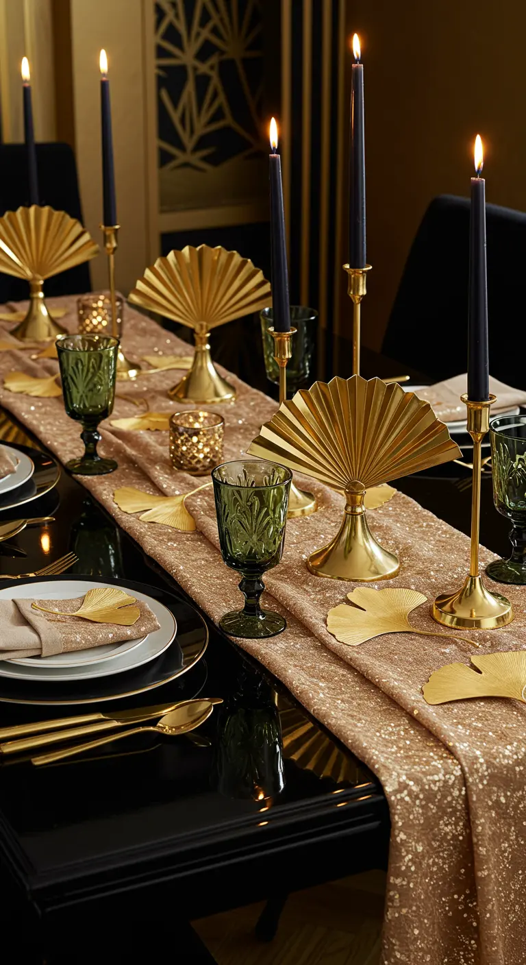 Table de dîner Art Déco avec des décorations dorées et des bougies noires.