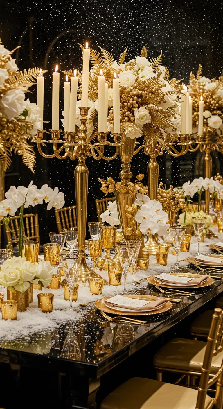 Table de Noël luxueuse tout en or avec orchidées et neige.