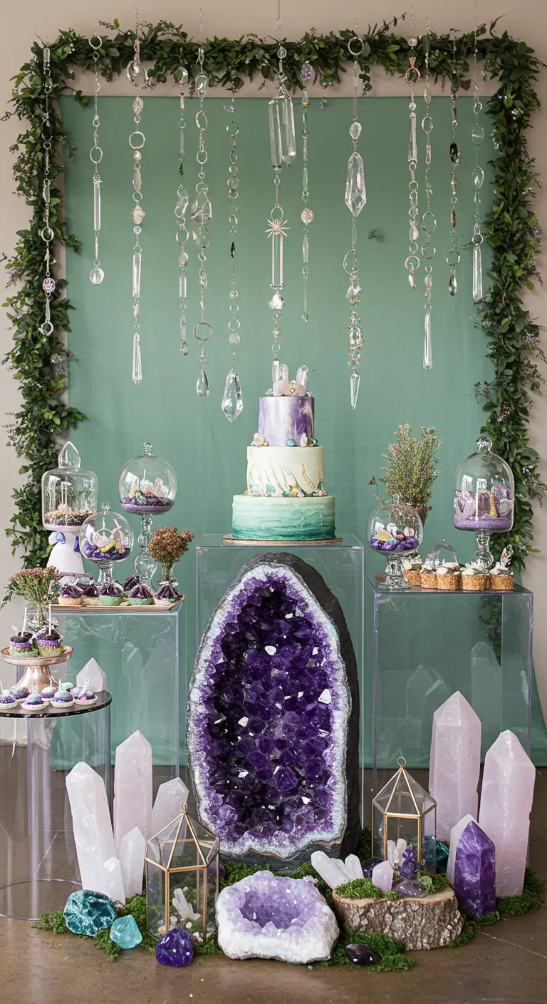 Buffet de fête sur le thème des cristaux avec une géode géante et des décorations violettes.