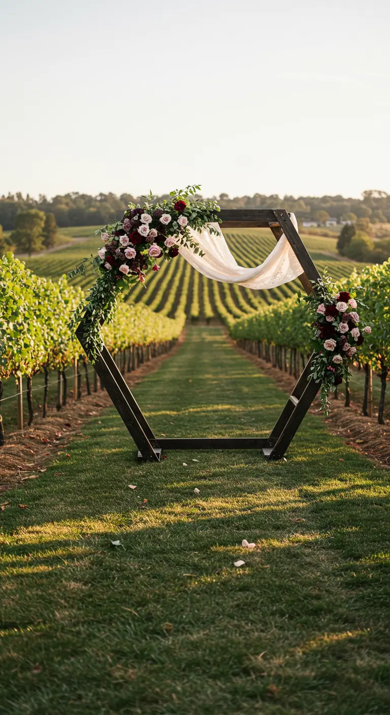 Arche hexagonale en bois sombre avec des roses rouges dans un vignoble.