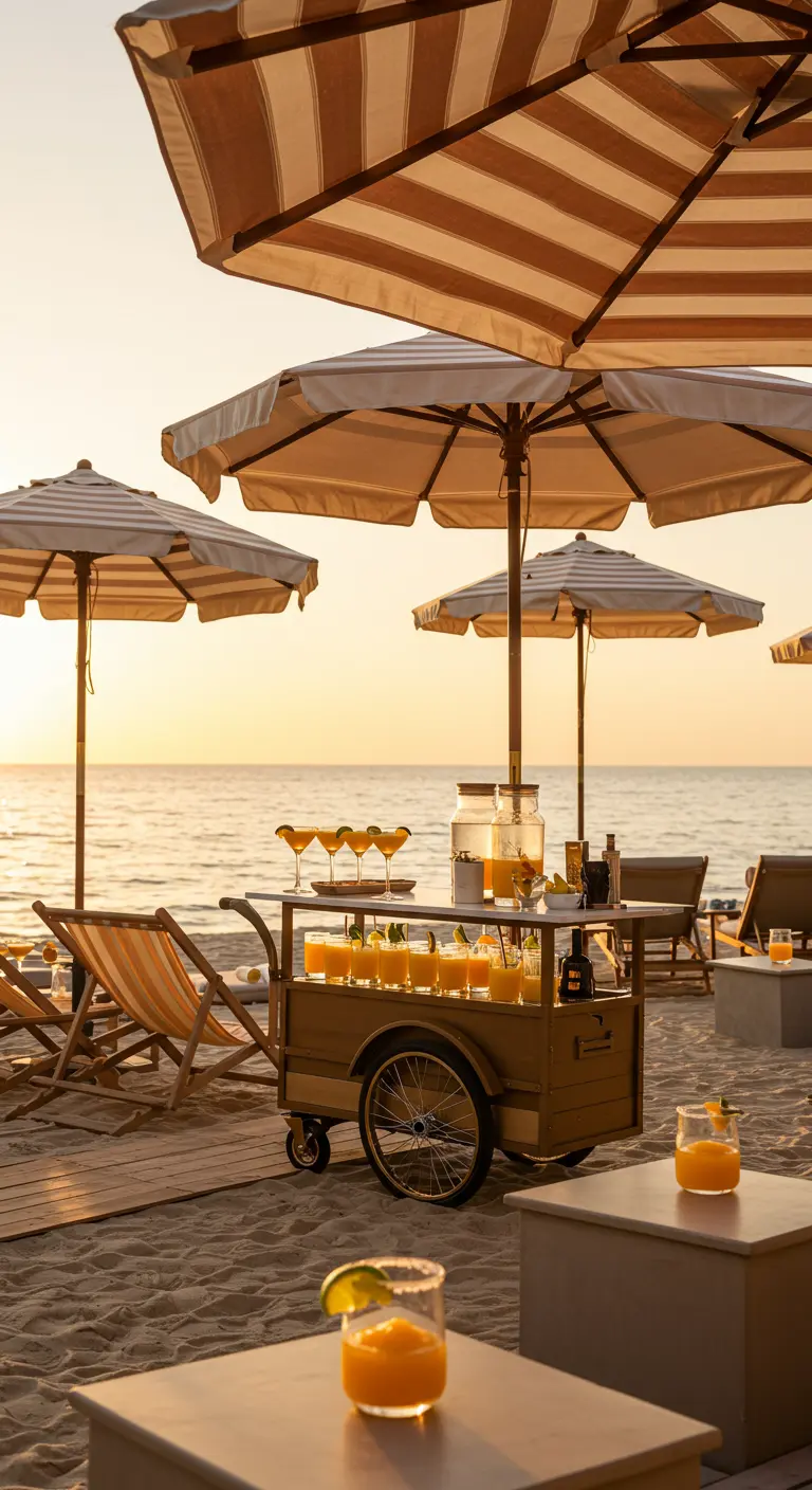 Chariot à cocktails sur la plage au coucher du soleil, entouré de parasols rayés.