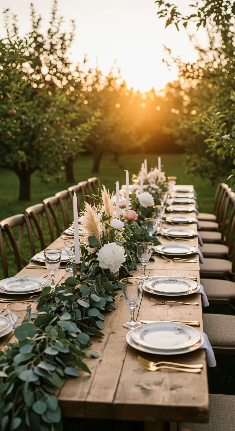 Table de mariage en bois dans un verger au coucher du soleil.