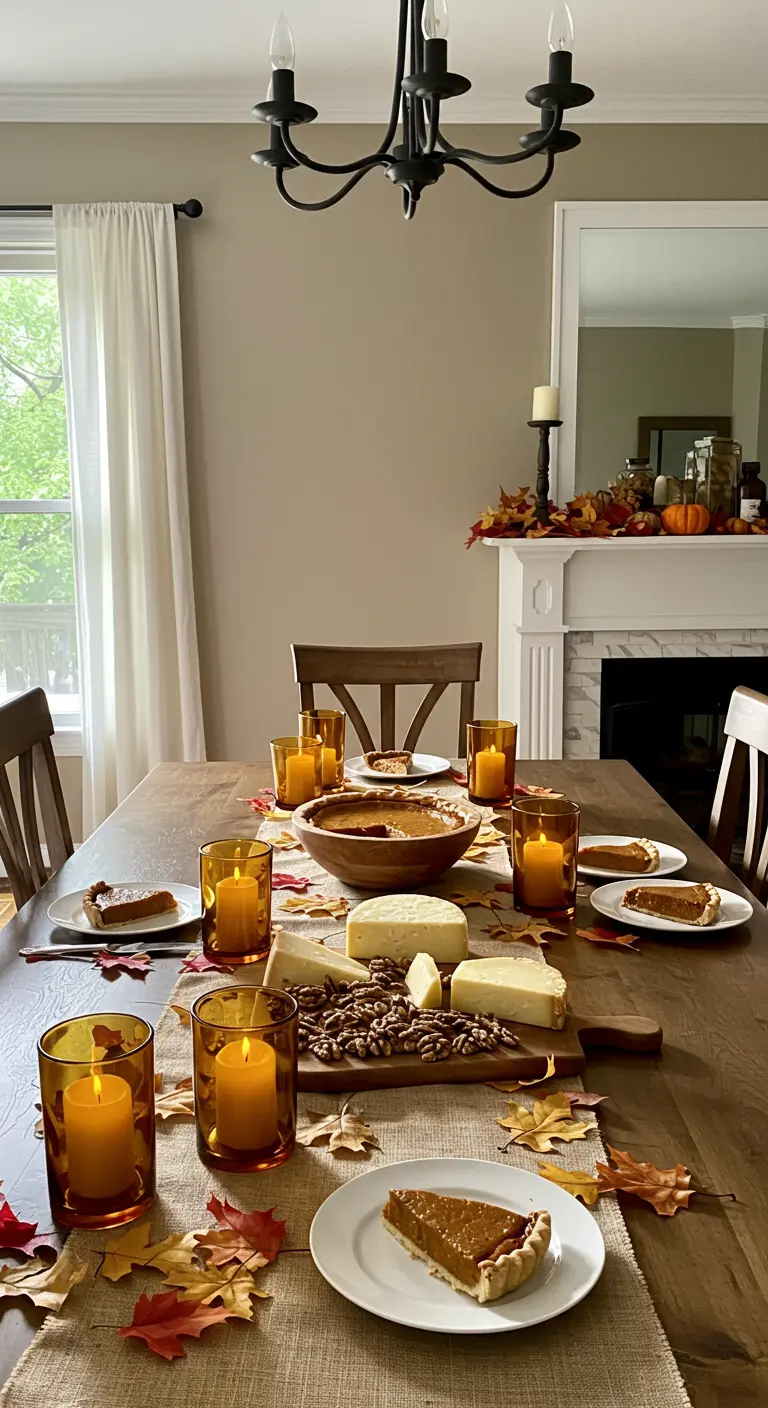 Table de Thanksgiving avec une tarte, des fromages et des bougies dans des verres ambrés.
