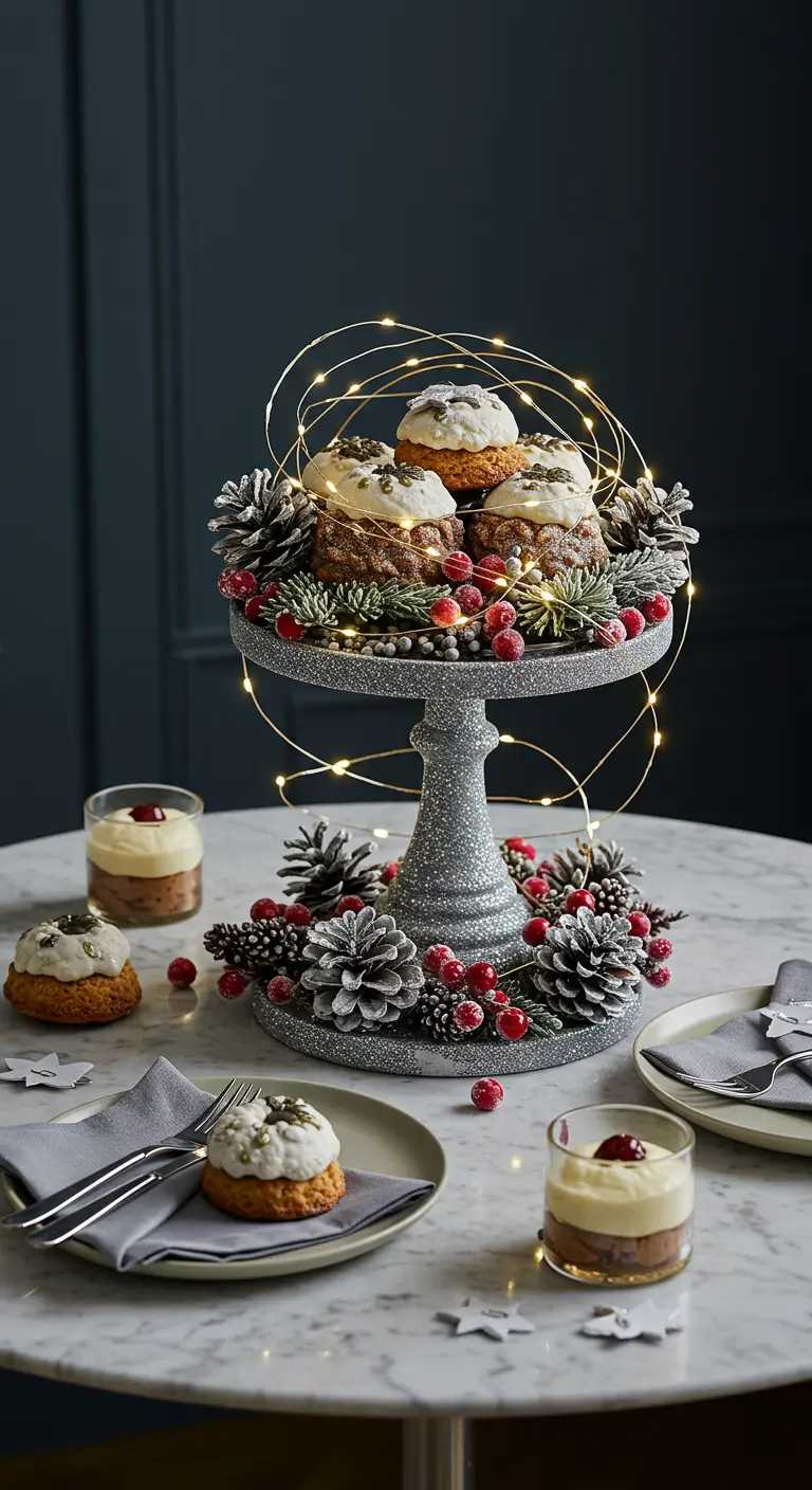 Présentoir à gâteaux argenté décoré de pommes de pin et de lumières.