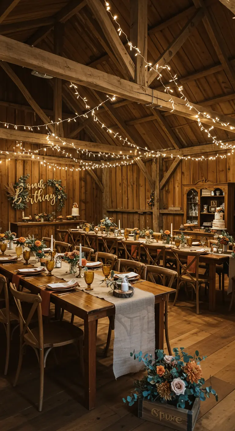 Intérieur d'une grange en bois avec de longues tables et des guirlandes lumineuses.