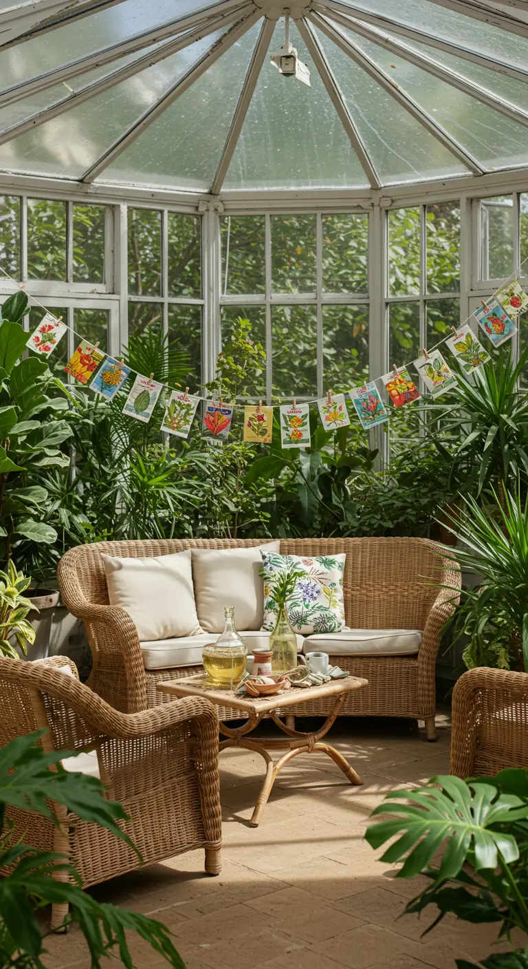 Guirlande de sachets de graines de fleurs vintage suspendue dans une véranda remplie de plantes.