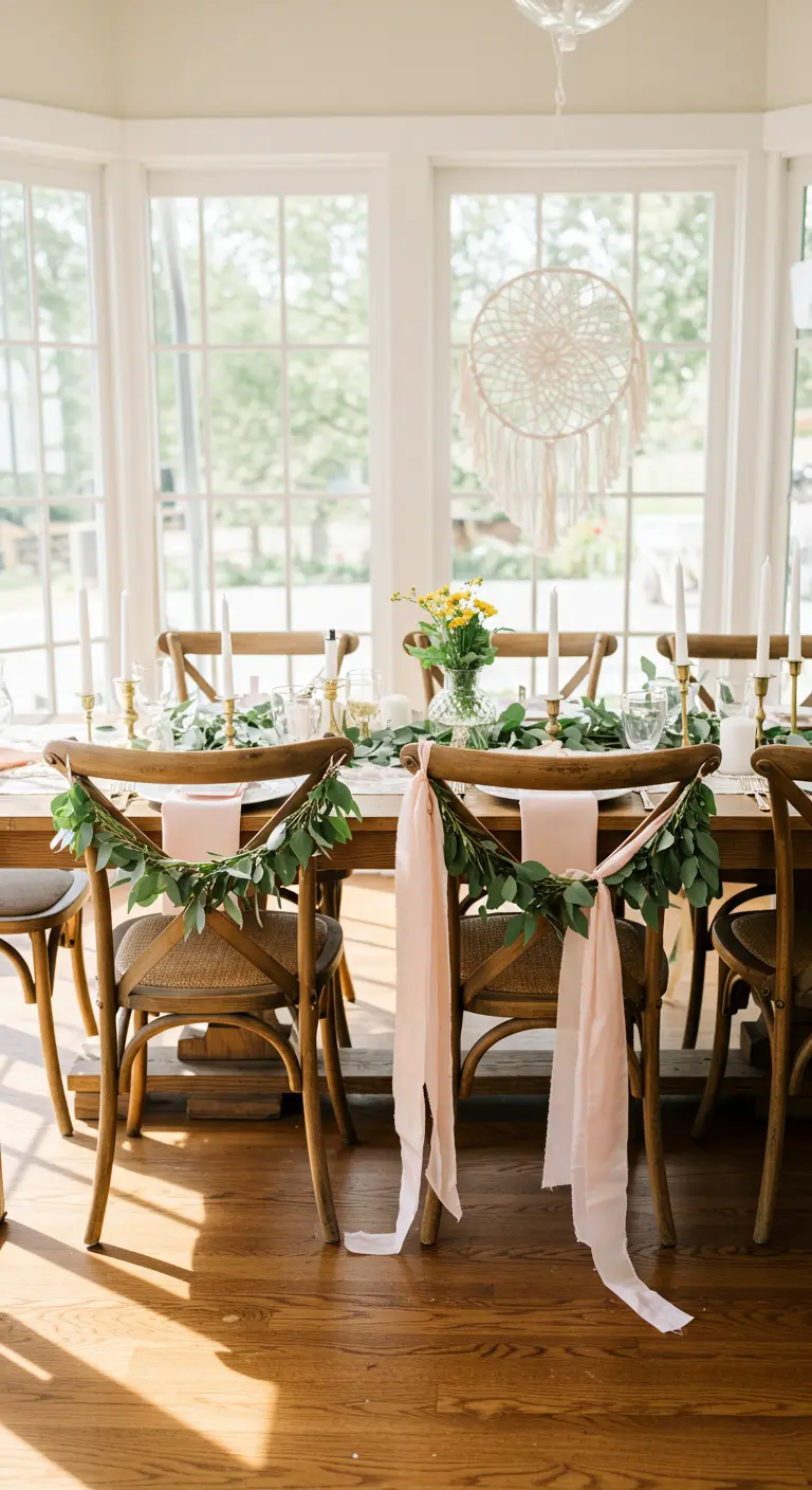 Chaises en bois décorées de guirlandes de verdure et de rubans roses pâles.