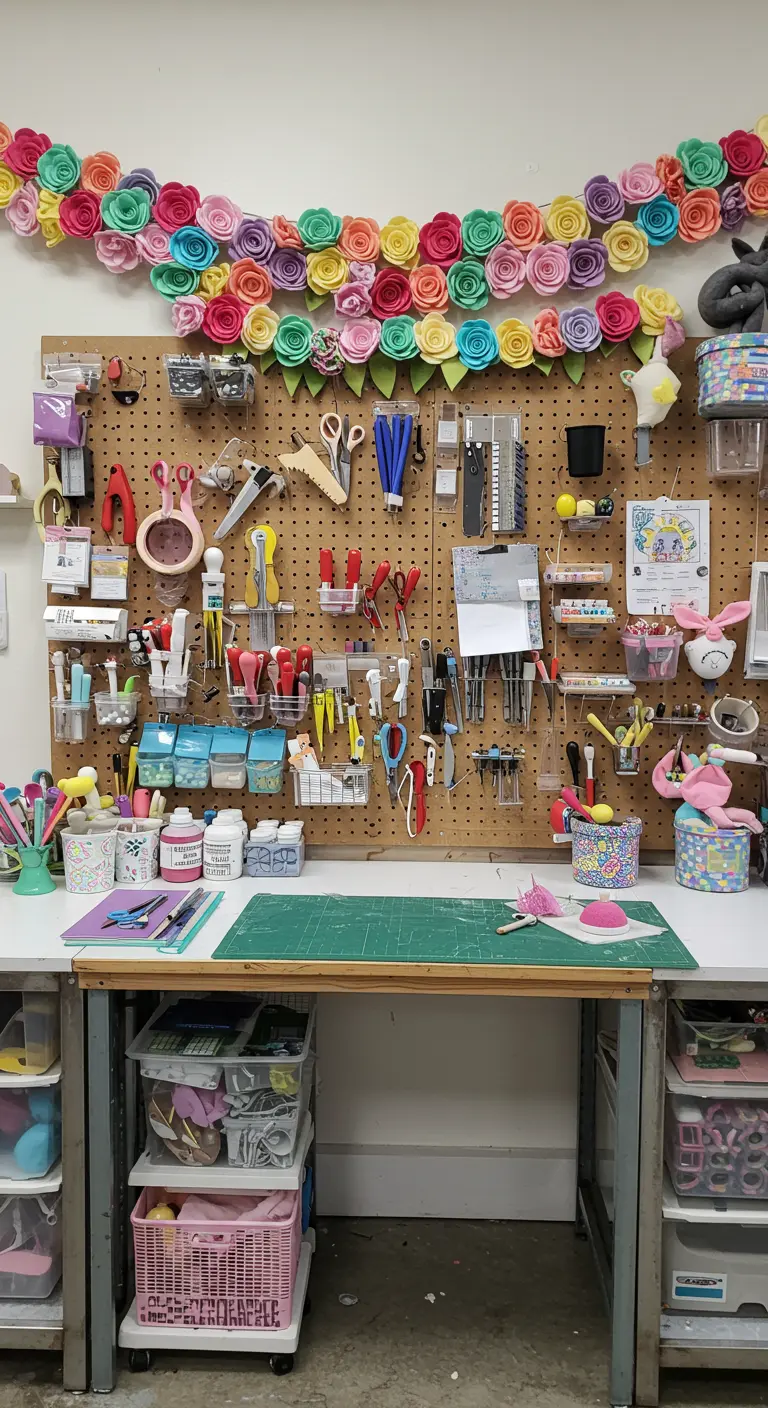 Guirlande de fleurs en feutre multicolore au-dessus d'un bureau de bricolage.