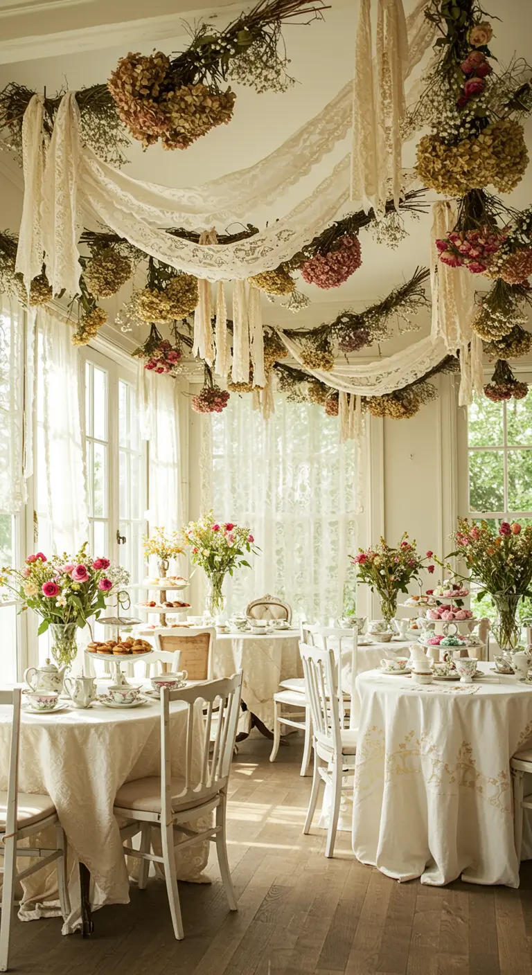Plafond décoré de bouquets de fleurs séchées et de rubans de dentelle pour un goûter vintage.