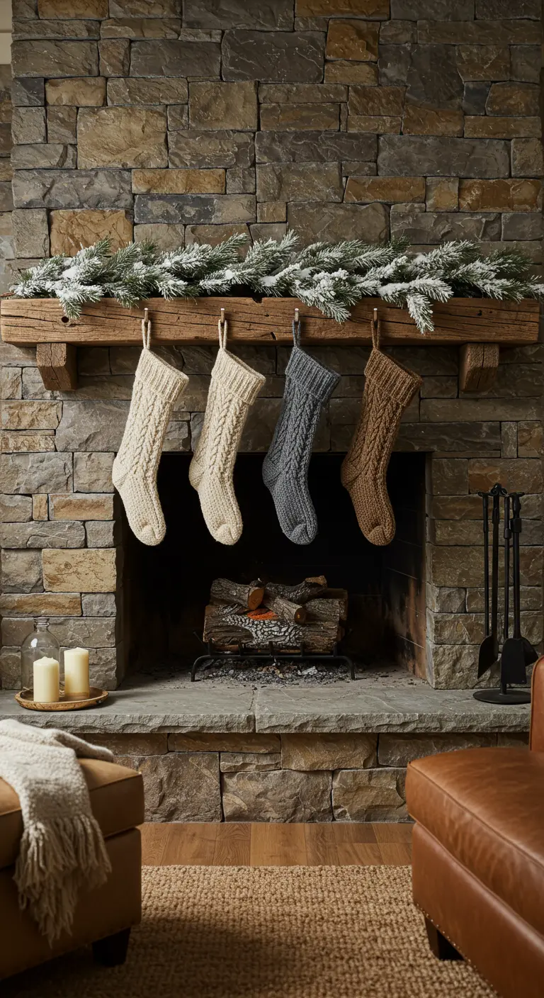 Cheminée rustique avec des chaussettes tricotées dans des tons naturels variés.