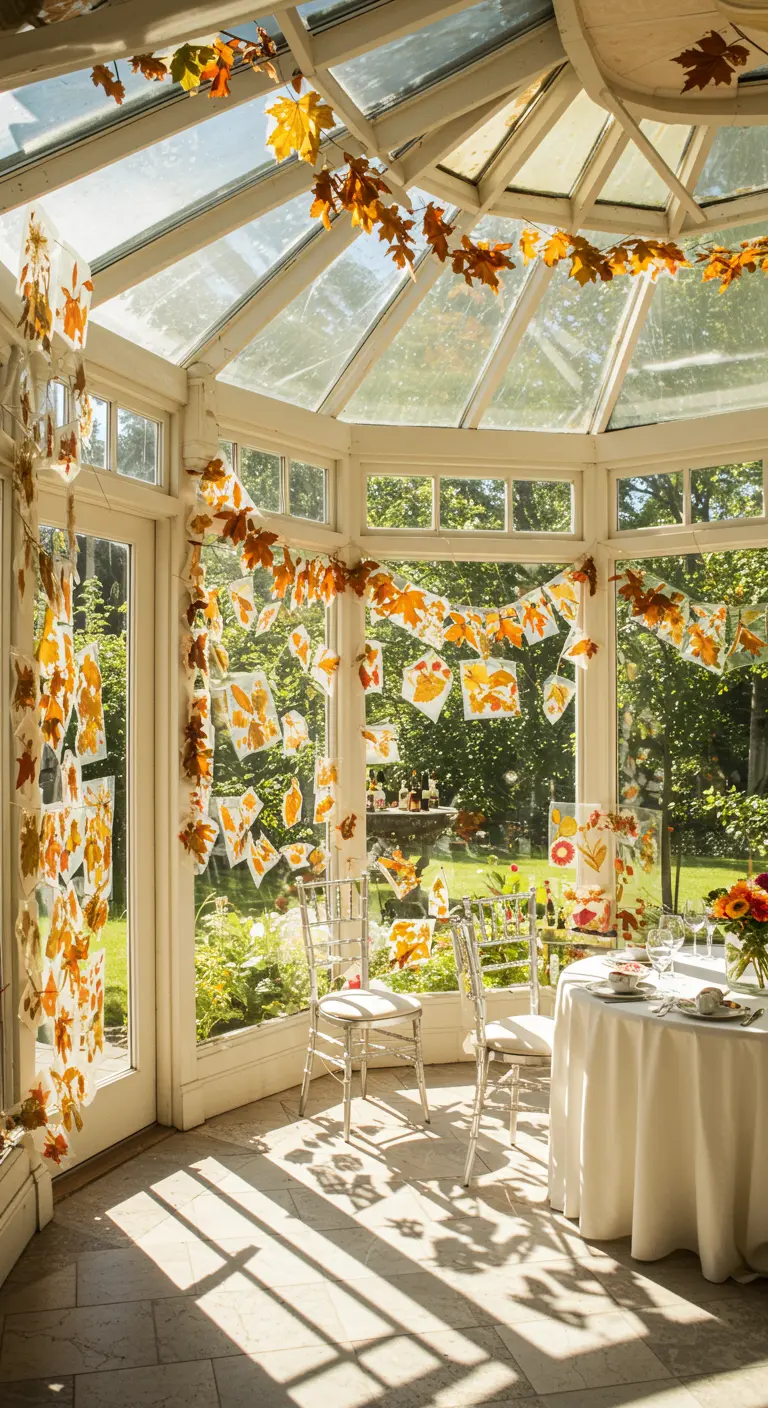 Des guirlandes de feuilles d'automne pressées suspendues dans une véranda ensoleillée.