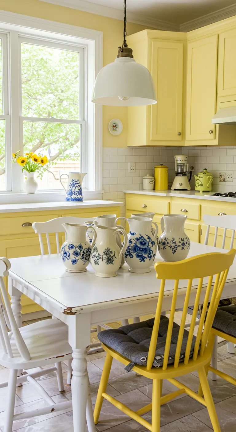 Un groupe de pichets en céramique blanche et bleue sur une table de cuisine blanche et jaune.