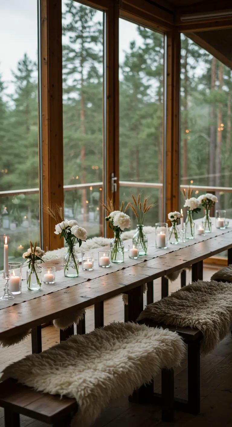 Table en bois dans une véranda avec des peaux de mouton sur les bancs.