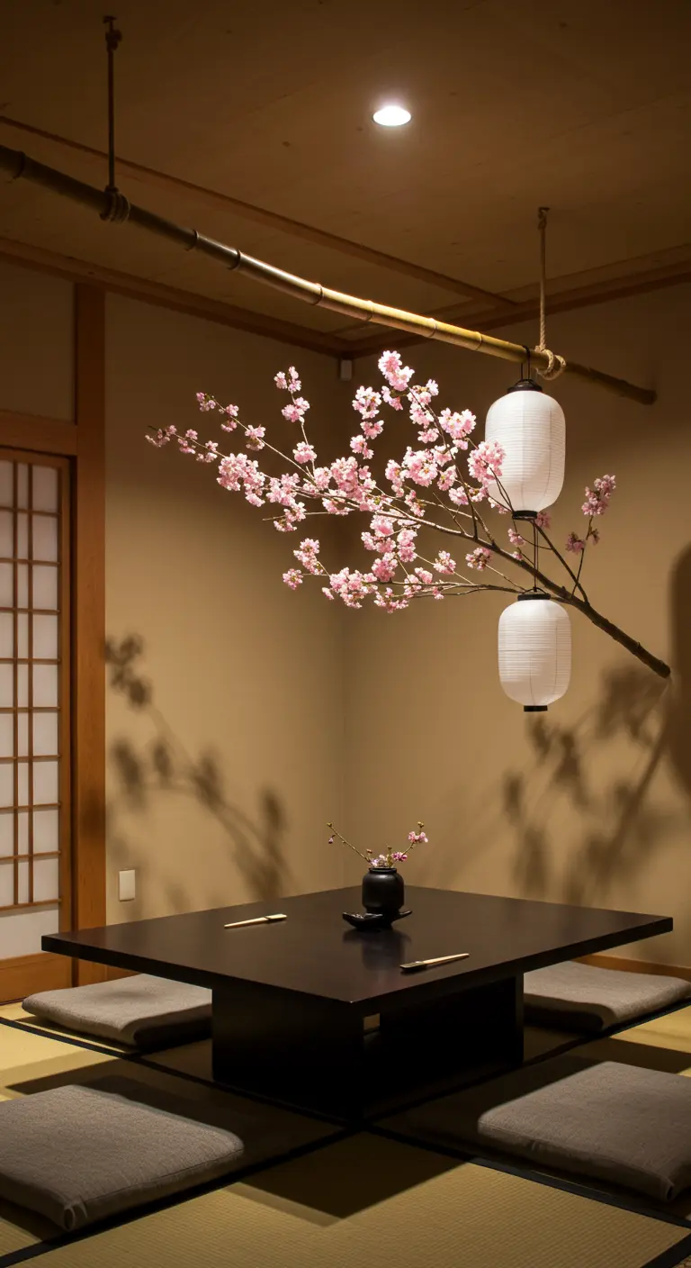Une branche de cerisier en fleurs et des lanternes japonaises suspendues au-dessus d'une table basse.