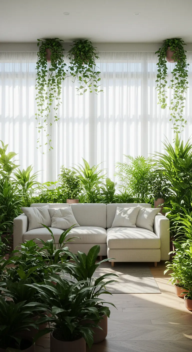 Canapé blanc entouré d'une profusion de plantes vertes luxuriantes
