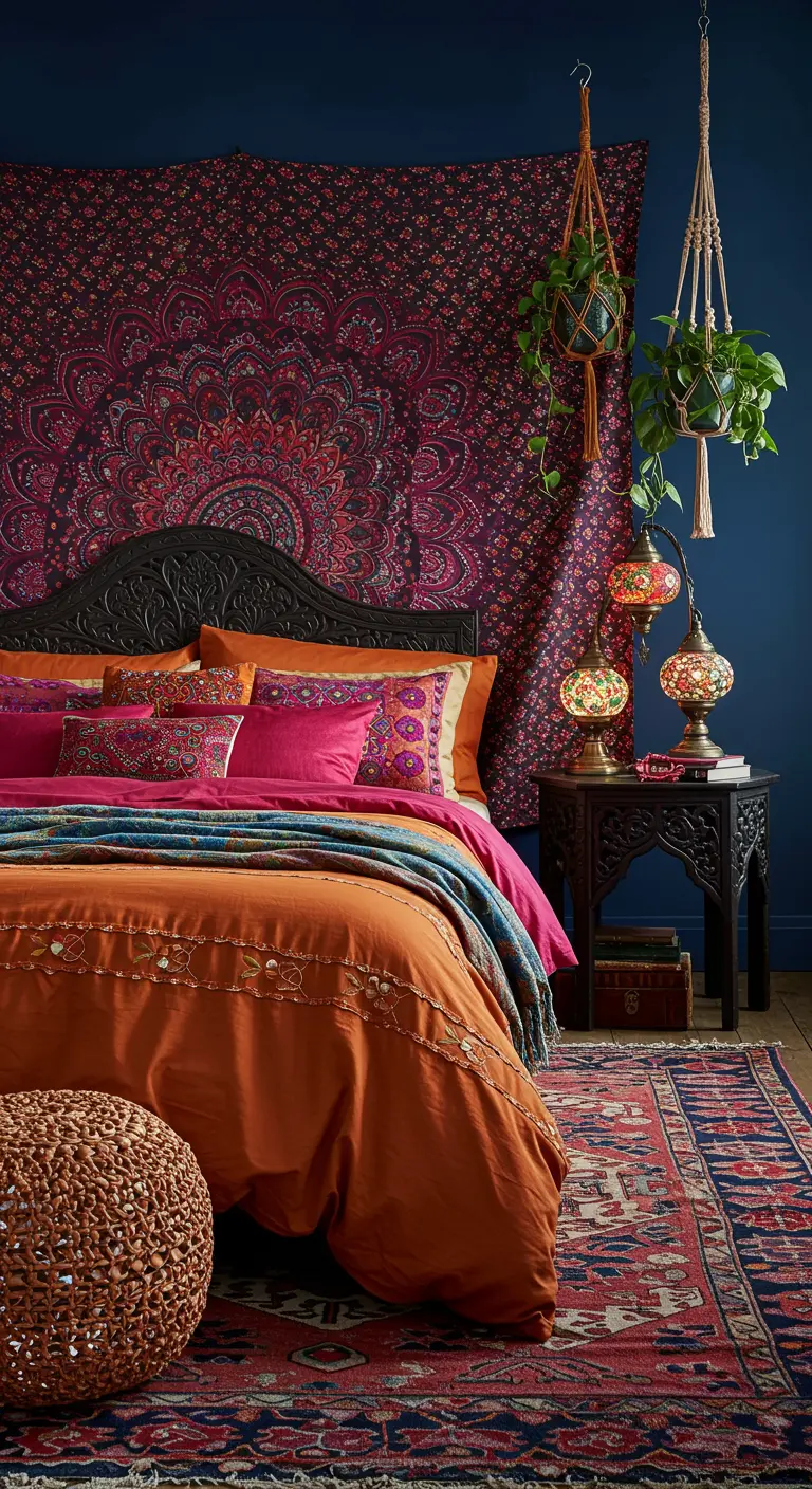 Chambre bohème avec mur indigo, tenture mandala, et coussins fuchsia et orange.