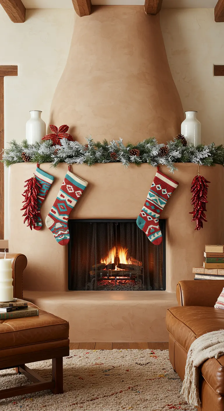 Cheminée de style Santa Fe avec des chaussettes à motifs ethniques.