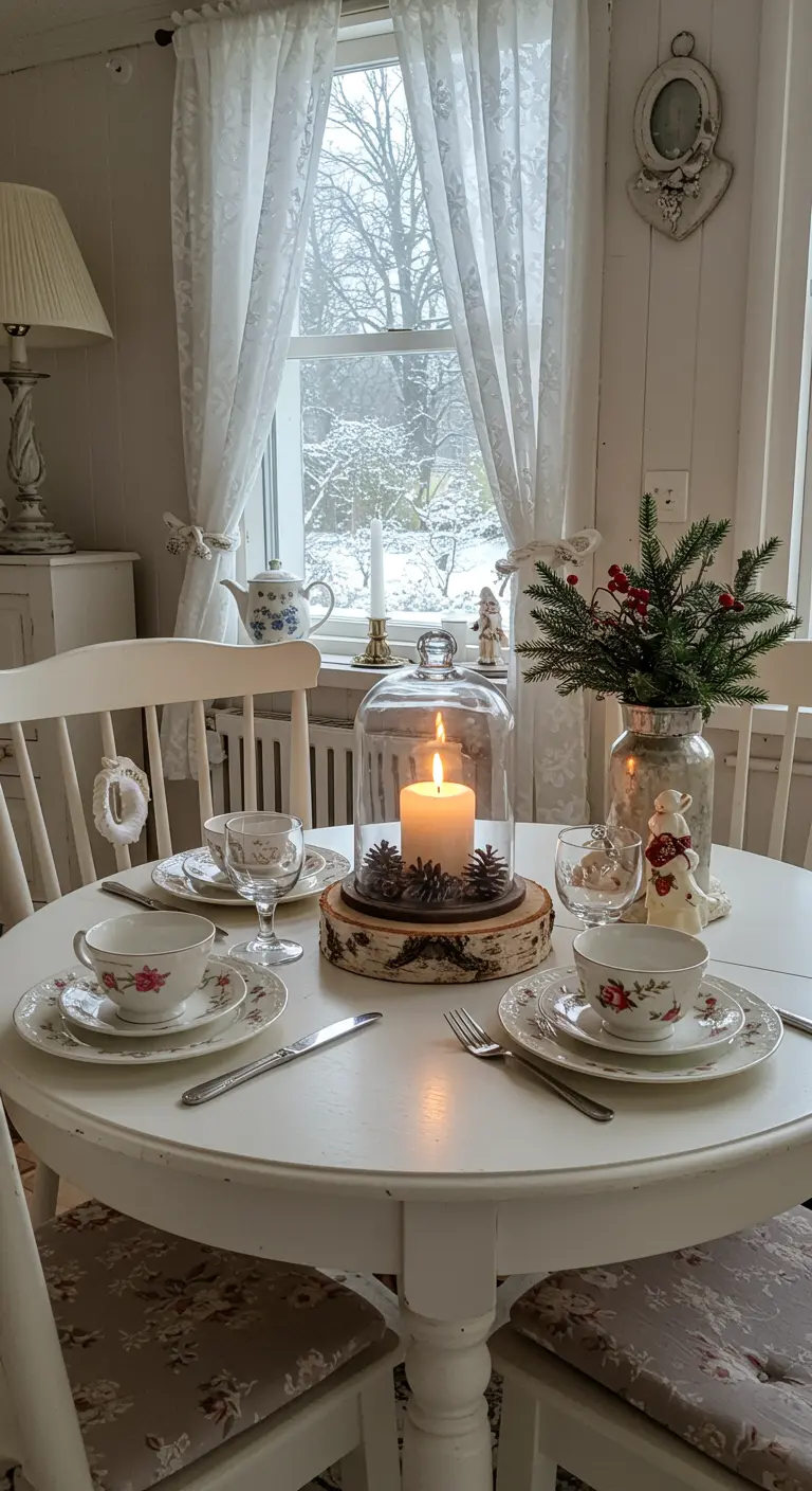 Centre de table romantique avec une bougie sous cloche sur une rondelle de bois.