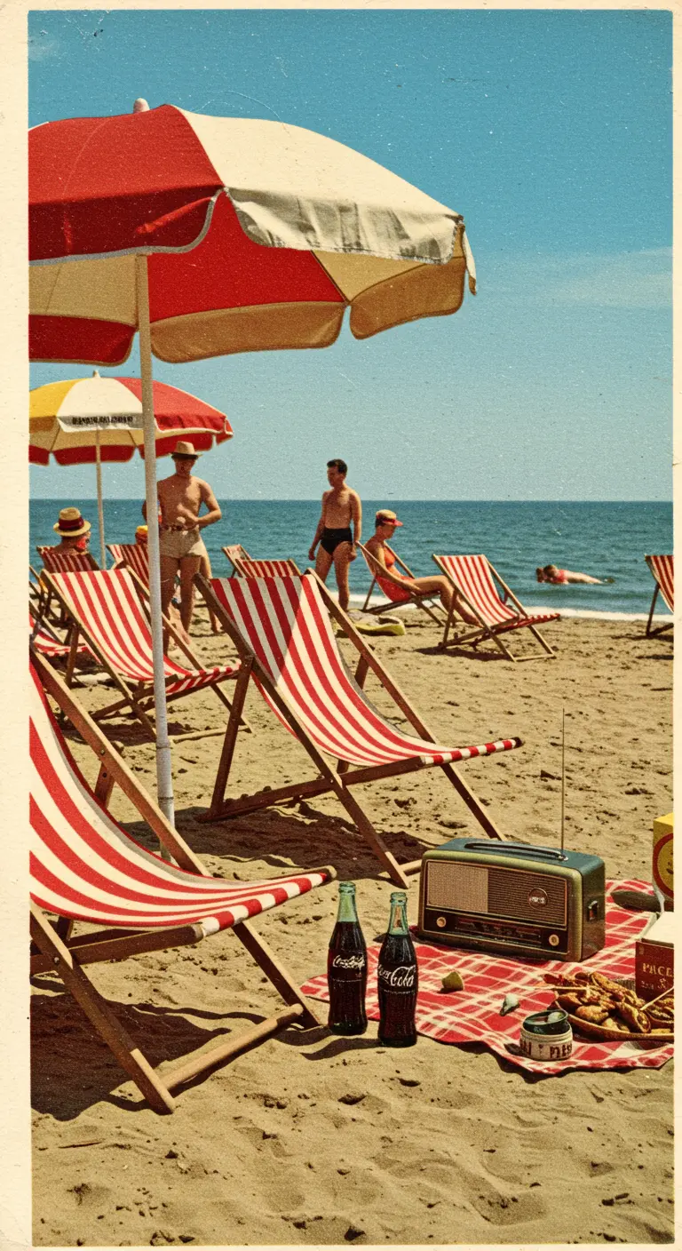 Scène de plage vintage avec des transats à rayures rouges, une radio et des bouteilles de soda.