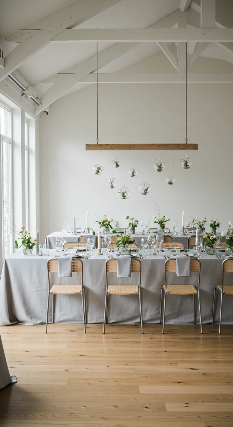 Table de mariage minimaliste avec des plantes aériennes dans des globes en verre suspendus.