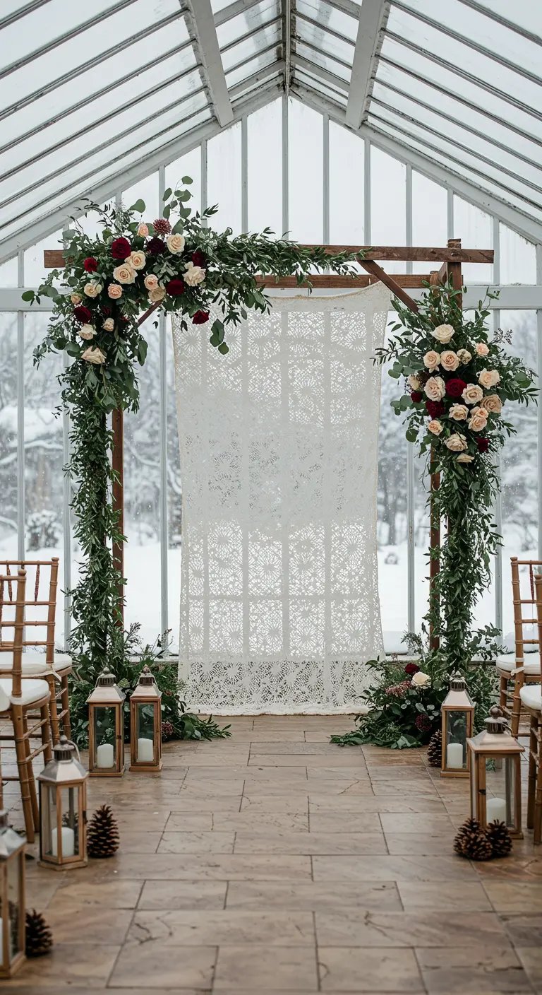 Arche en bois avec roses rouges dans une serre, avec la neige dehors.