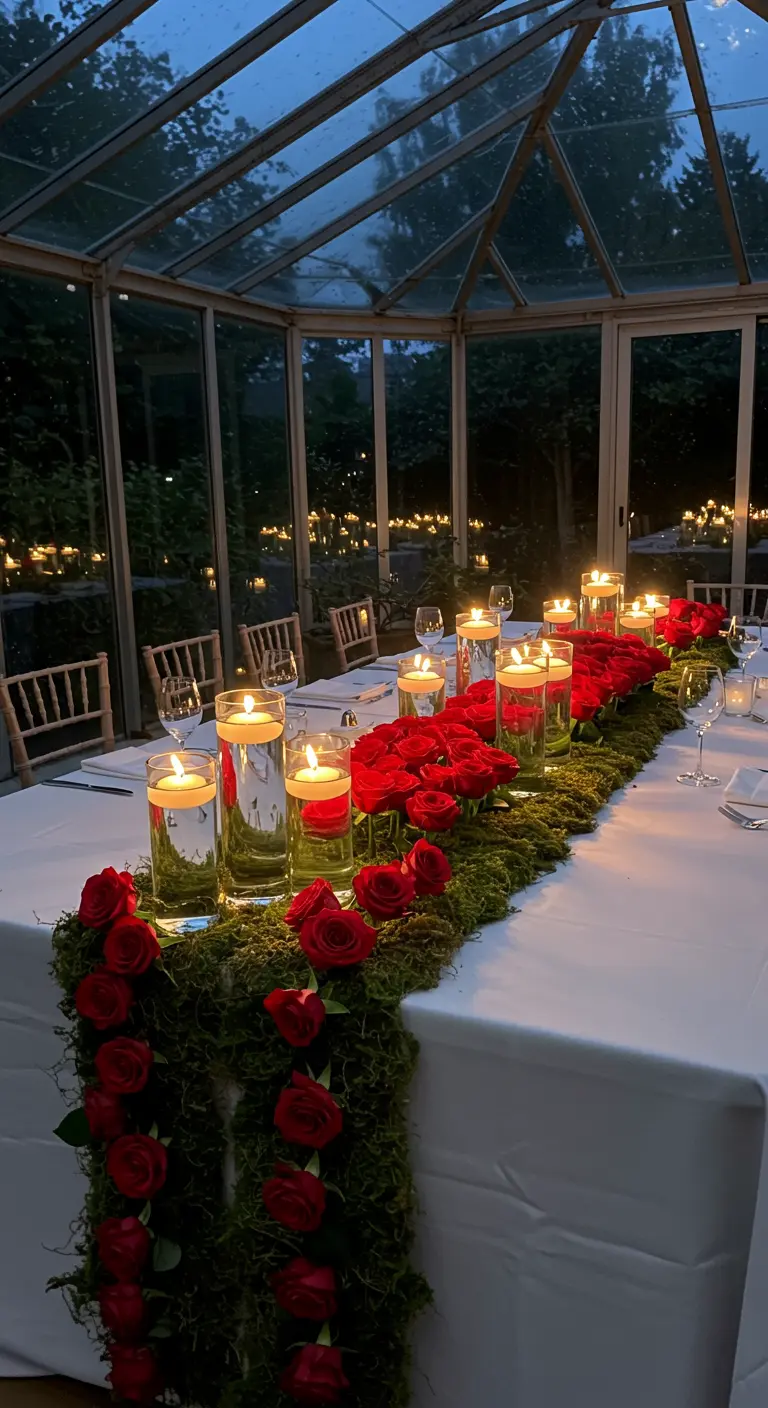 Table de dîner dans une serre avec un chemin de table de mousse et roses.