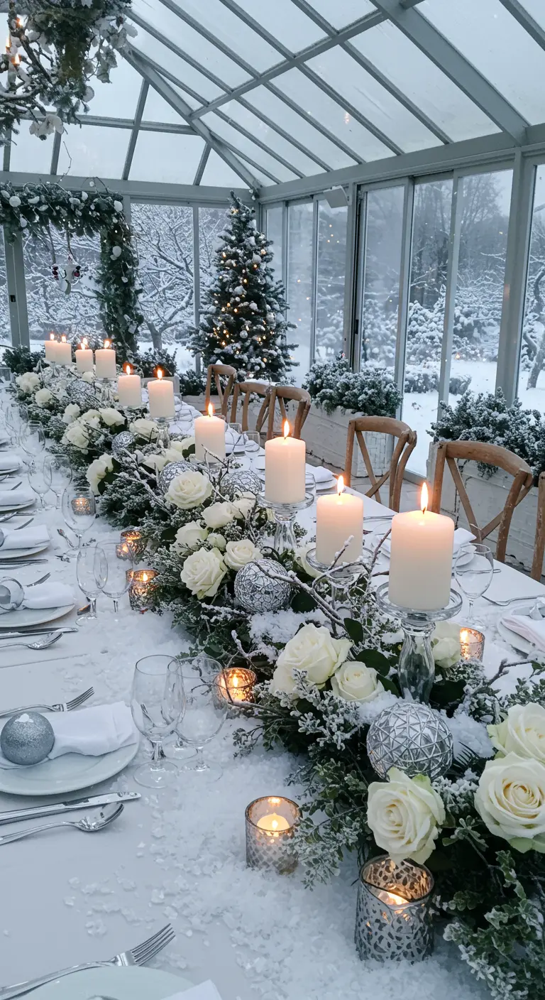 Longue table de Noël blanche et argentée dans une véranda.
