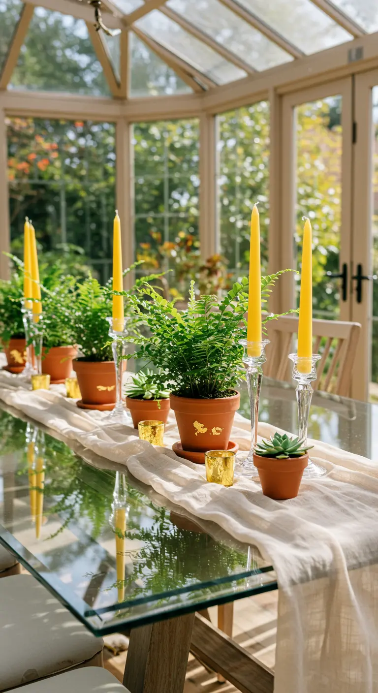 Table en verre dans une véranda avec des fougères en pot et des bougies jaunes.