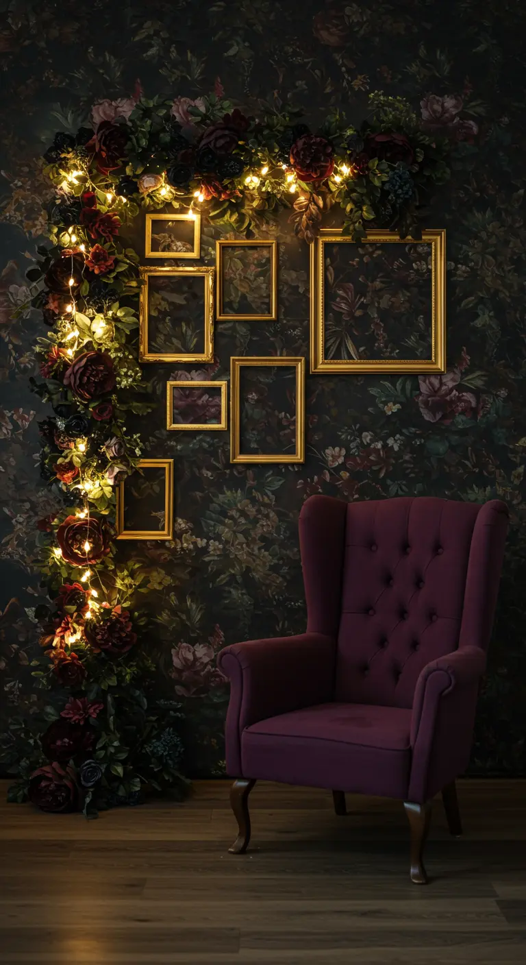 Fauteuil en velours pourpre devant un mur floral sombre avec des cadres dorés.