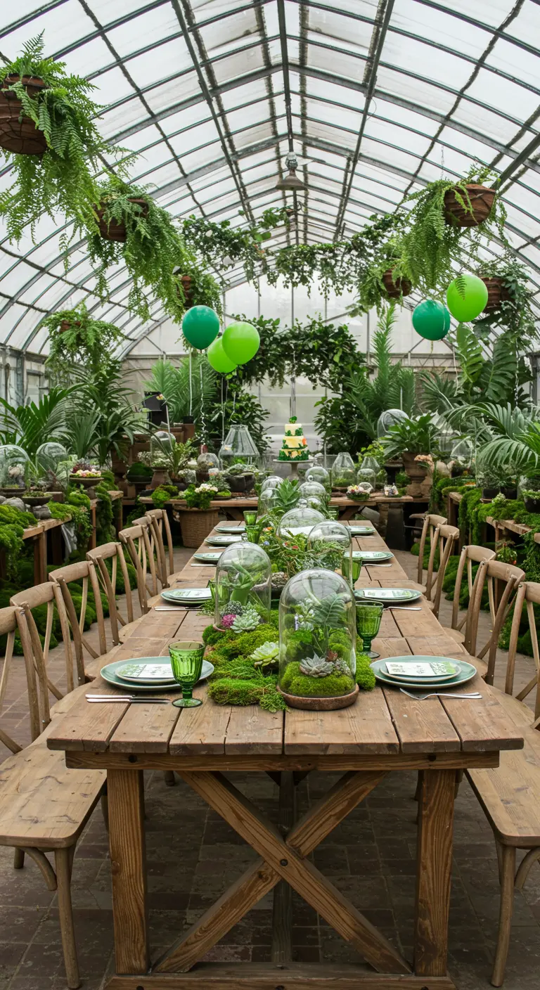 Longue table en bois dans une serre, décorée de terrariums et de plantes vertes.