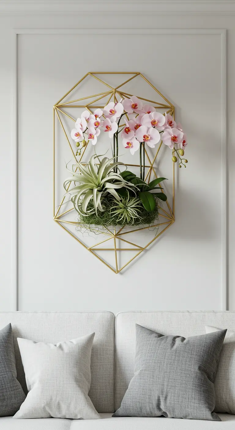 Support mural géométrique doré avec une orchidée rose et des plantes aériennes.
