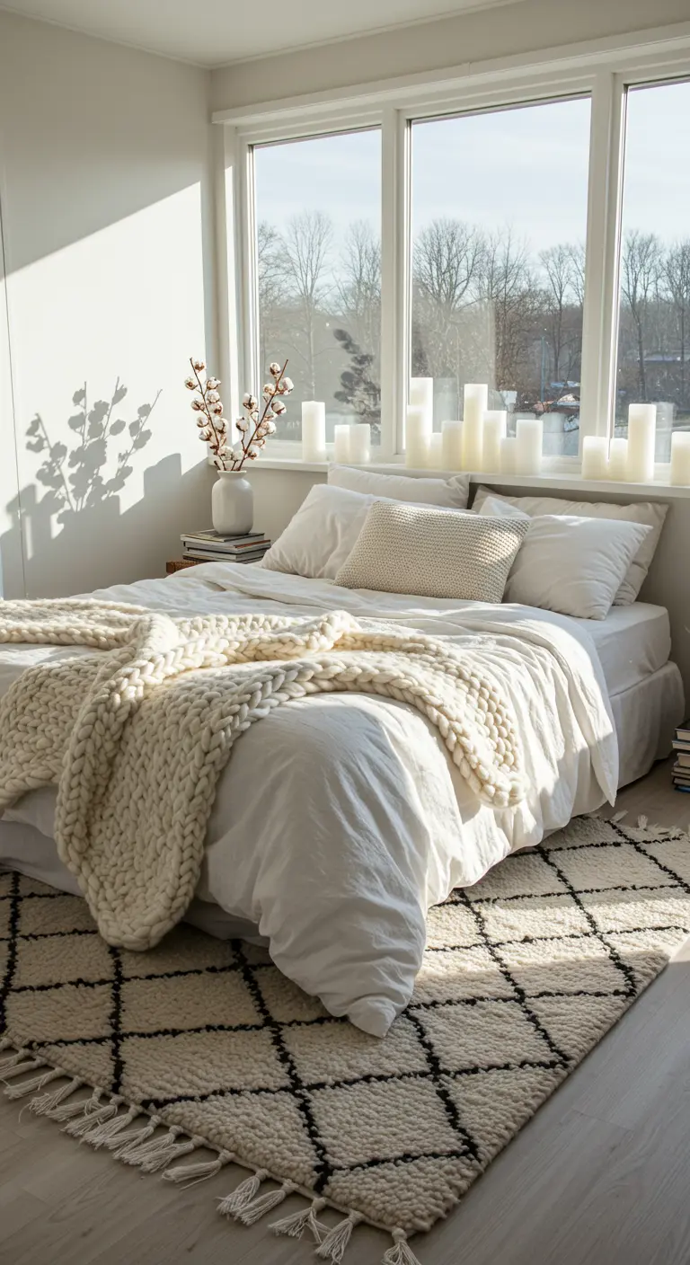 Chambre blanche lumineuse avec un tapis berbère, un plaid en grosse maille et des bougies blanches.
