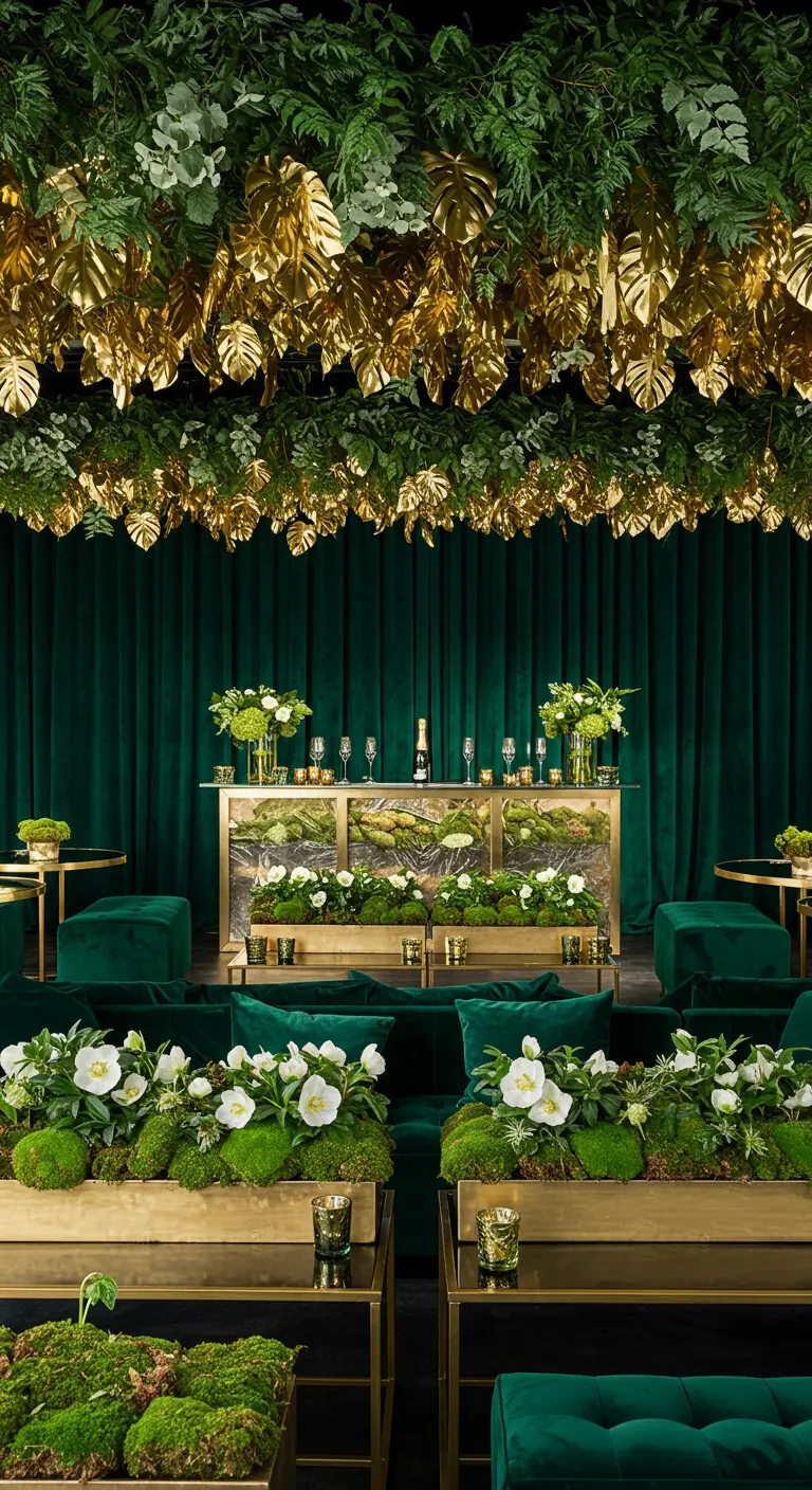 Décor de fête vert émeraude et or avec un plafond de feuilles et du mobilier en velours.
