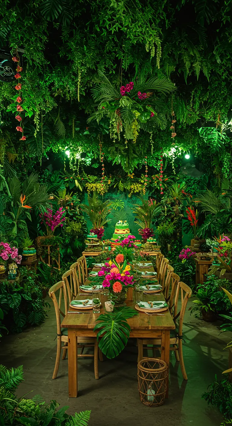 Salle de fête entièrement décorée de plantes tropicales luxuriantes, créant une ambiance de jungle.