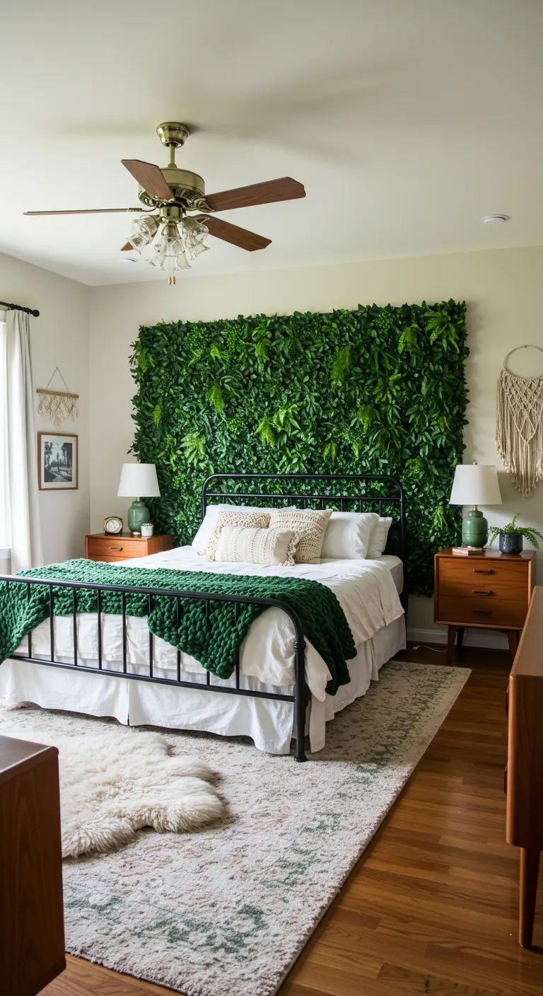 Chambre avec un grand mur de feuillage artificiel derrière un lit en fer forgé noir.