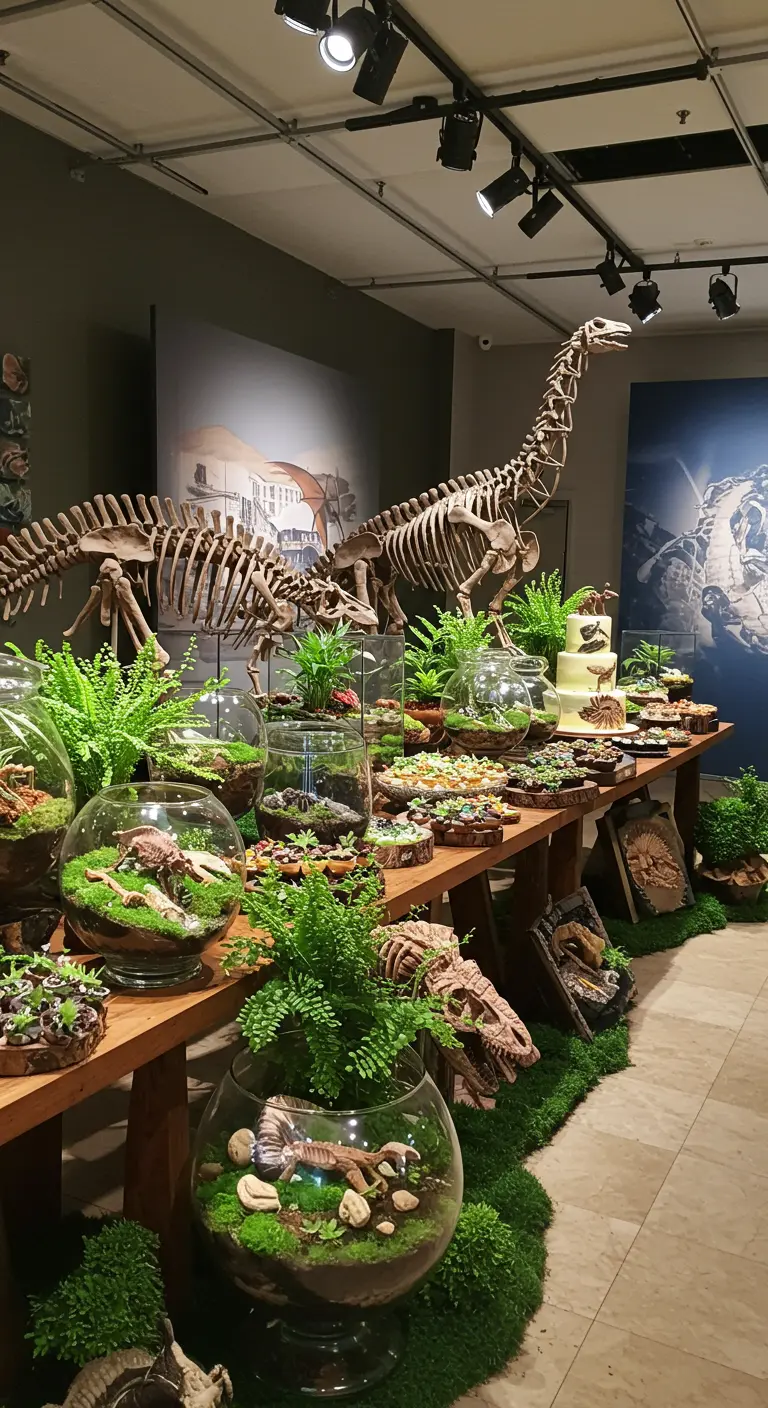 Buffet d'anniversaire sur le thème des dinosaures avec des squelettes et des terrariums.
