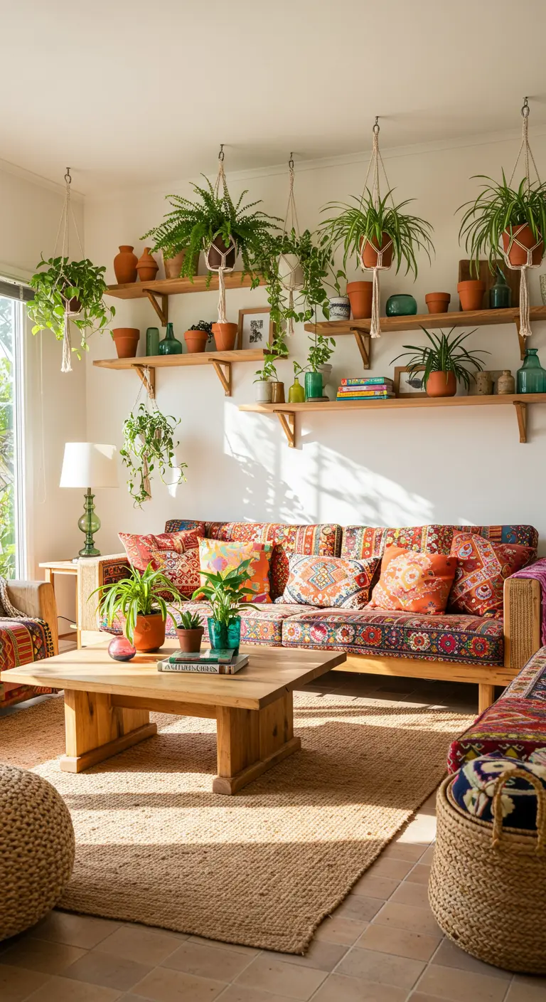 Salon bohème avec canapé coloré, tapis en jute et de nombreuses plantes sur des étagères en bois.