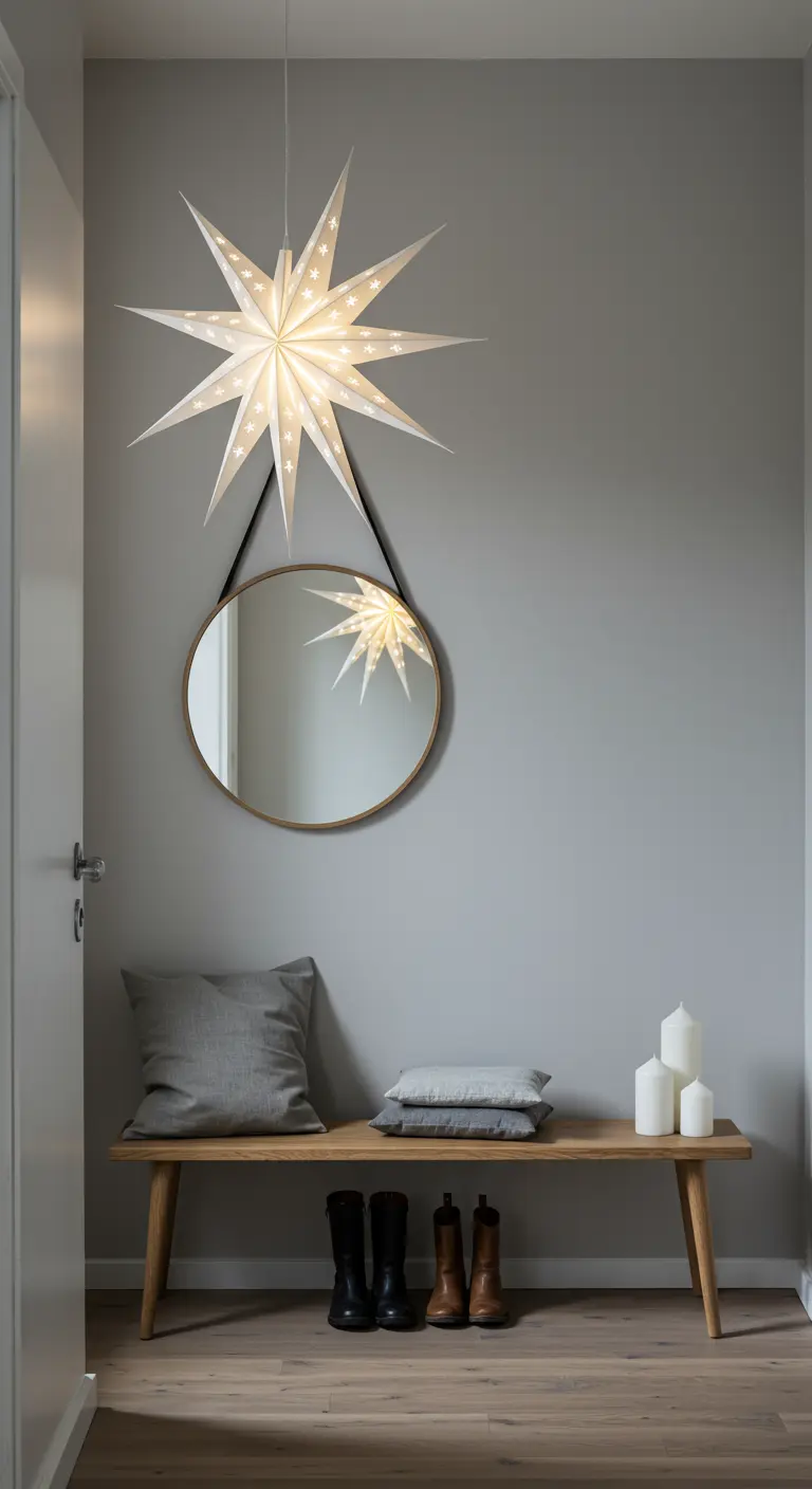 Entrée minimaliste avec un banc, un miroir et une grande étoile lumineuse.