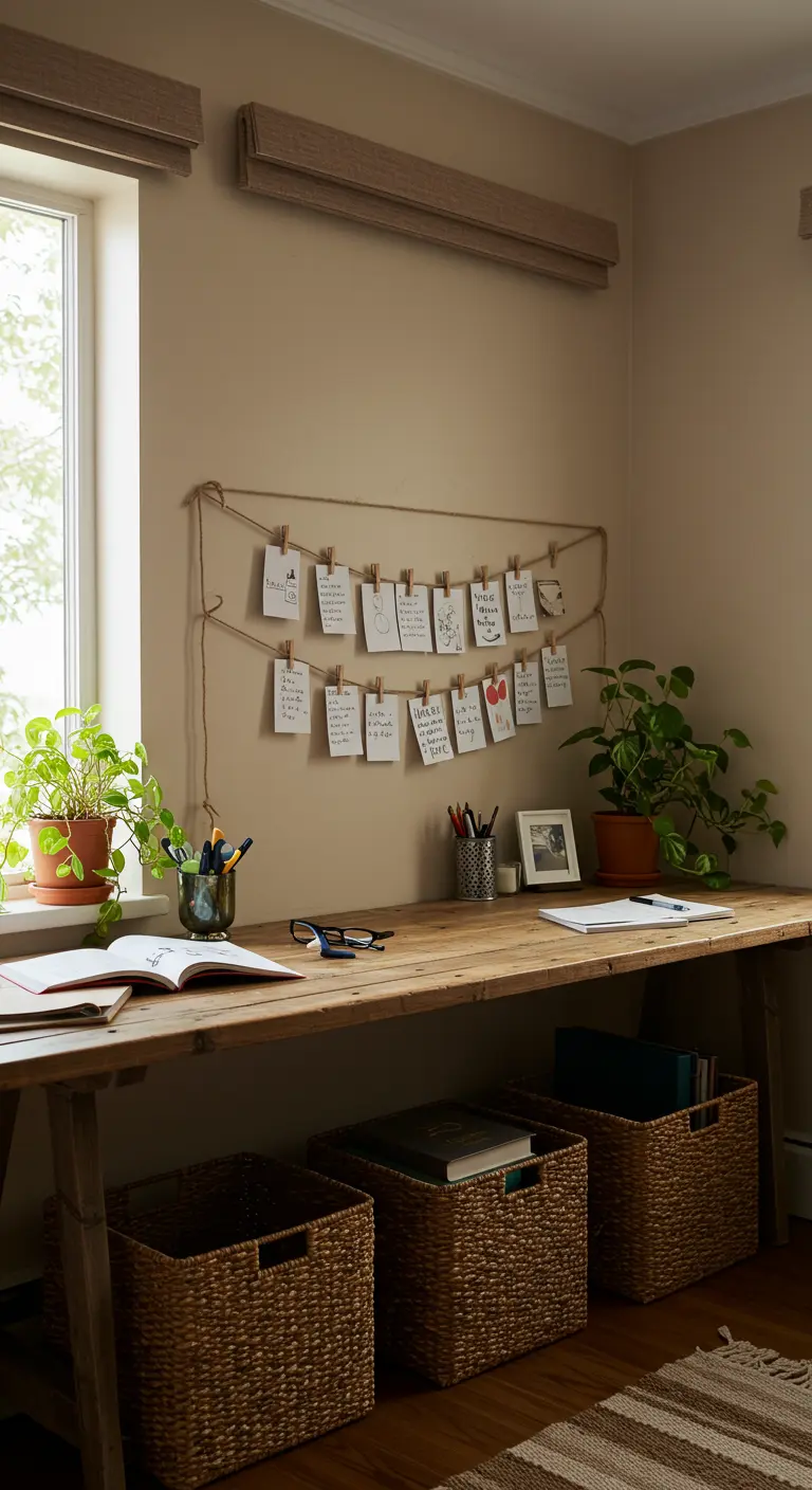 Notes suspendues à des fils de jute avec des pinces à linge au-dessus d'un bureau rustique.