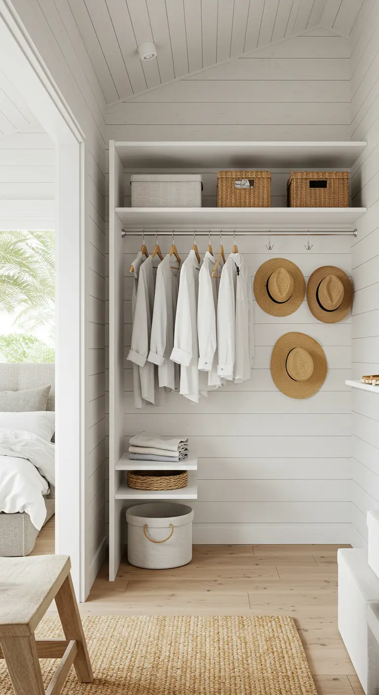 Placard avec murs recouverts de lambris blanc, style maison de plage.