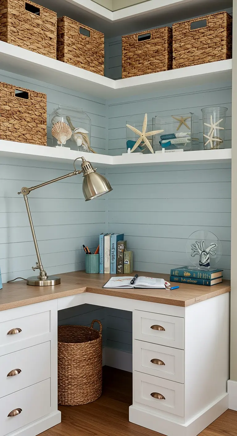 Bureau d'angle blanc et bois avec un mur bleu pastel et des paniers de rangement en osier.