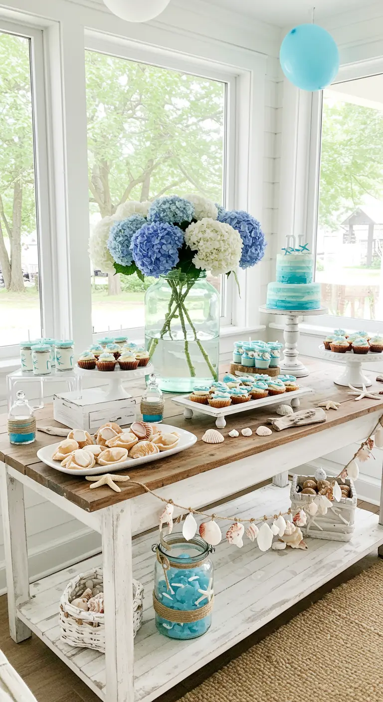 Buffet de style bord de mer avec du bois blanc, des coquillages et des hortensias bleus.
