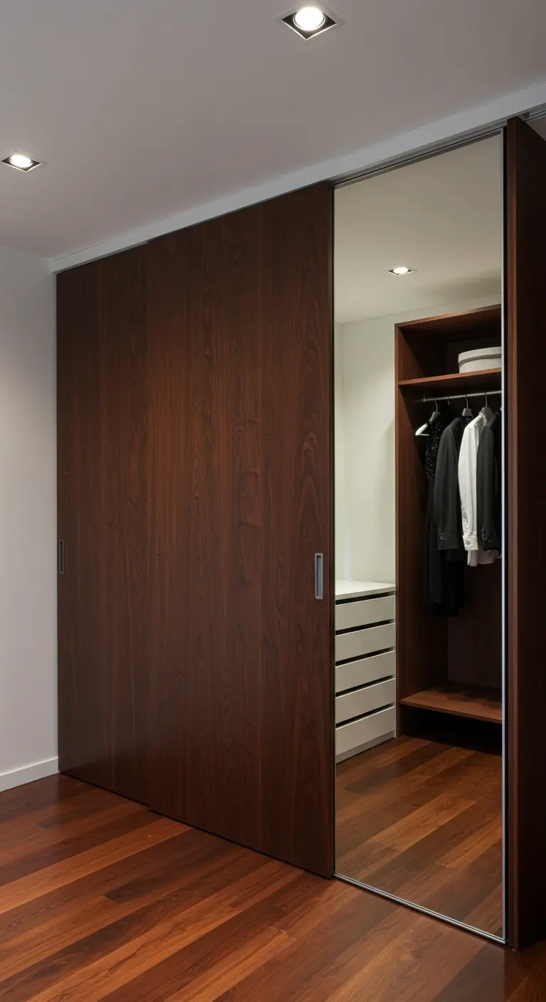 Dressing avec une porte coulissante en bois foncé et une porte miroir.