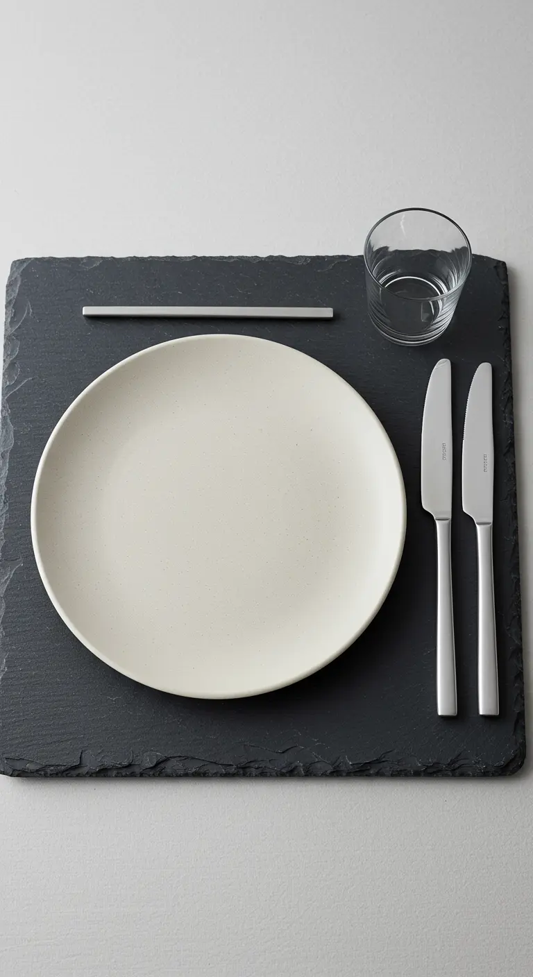 Assiette en céramique blanche sur un set de table en ardoise.