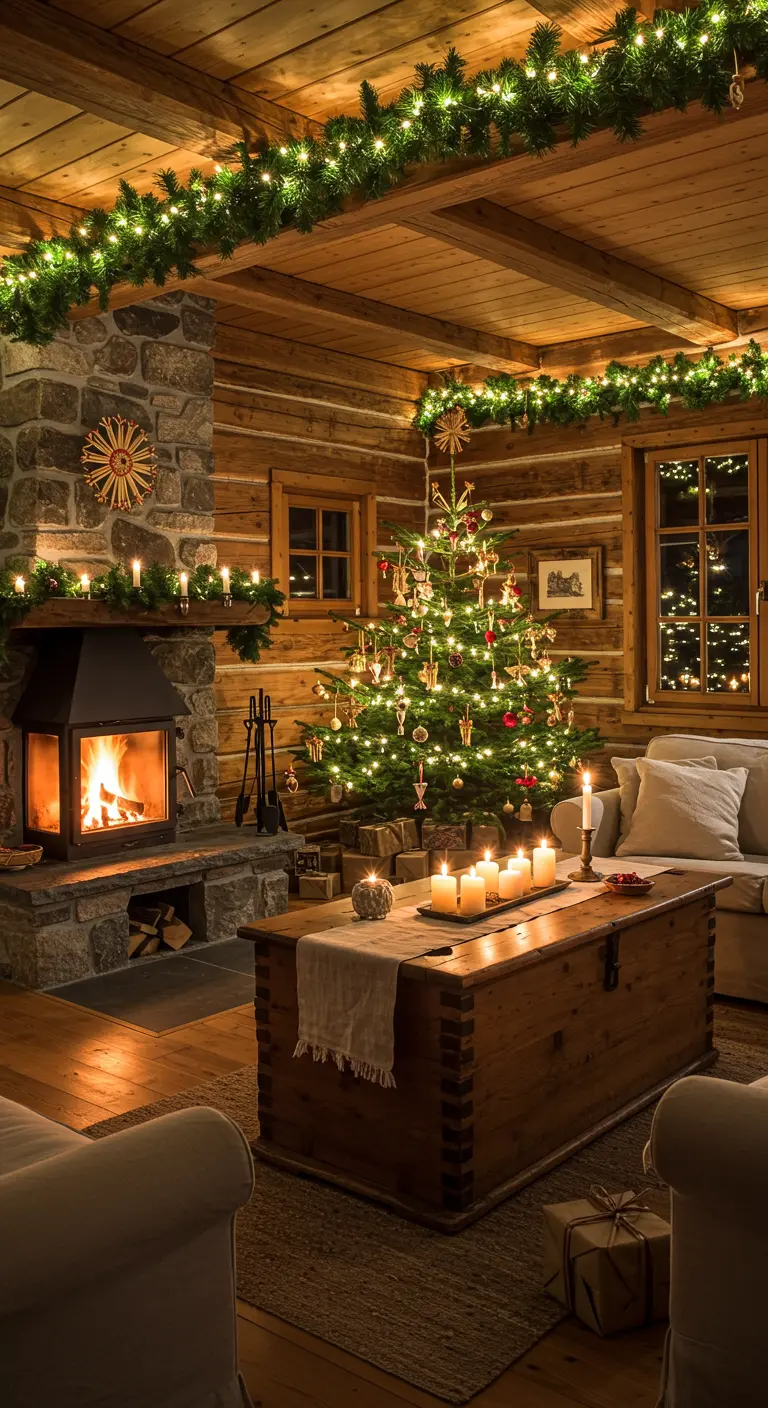 Intérieur de chalet en bois avec cheminée, sapin de Noël et nombreuses guirlandes.