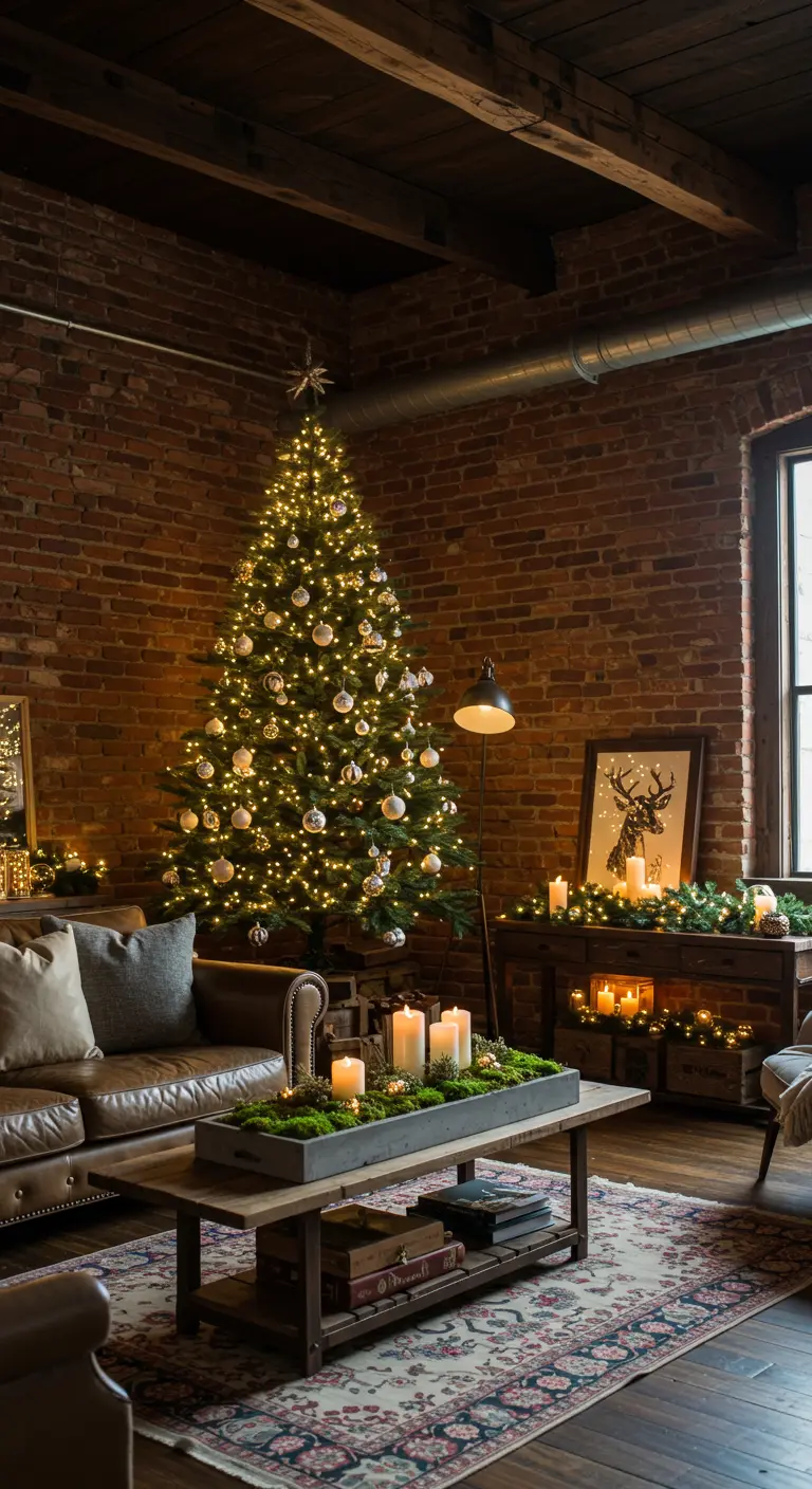Salon style loft industriel avec un grand sapin de Noël et un mur de briques.