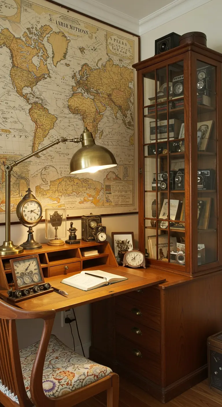 Bureau secrétaire vintage avec une grande carte du monde et une vitrine de collectionneur.