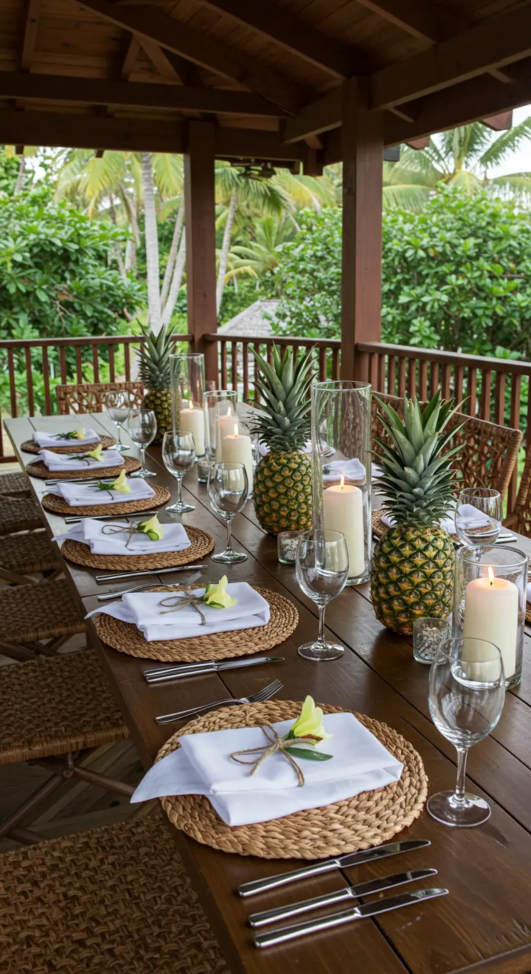 Table à manger en bois dressée avec des ananas frais et de hautes bougies comme centres de table.